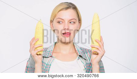 Size Concept. Healthy Teeth. Farming, Farmer Girl With Maize. Corn Crop. Vitamin And Dieting Food. A