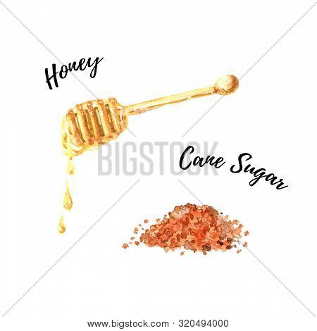 Brown Cane Sugar And Liquid Honey Dripping From The Honey Dipper Watercolor Illustration Isolated On
