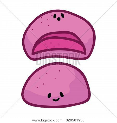 Kawaii Sakura Mochi Vector With Face. Strawberry Daifuku Japanese Snack Clipart.