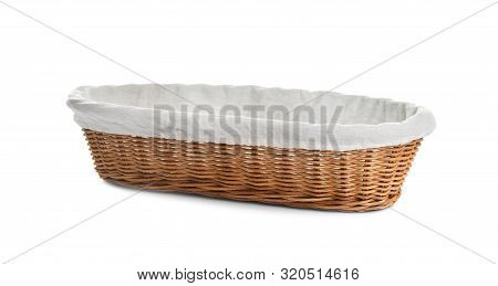 Empty Wicker Basket For Bread On White Background