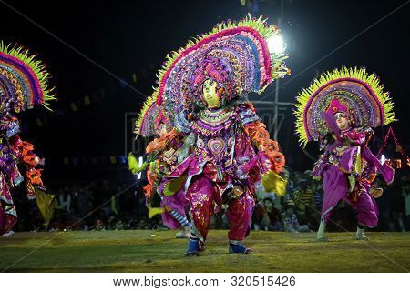 Bamnia, Purulia, West Bengal , India - December 23rd 2015 : Tribal Dancers Performing At Chhau Dance