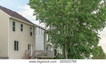 Panorama Frame Lush Green Tree At The Yard Of A Home With White Extrior Wall And Balcony