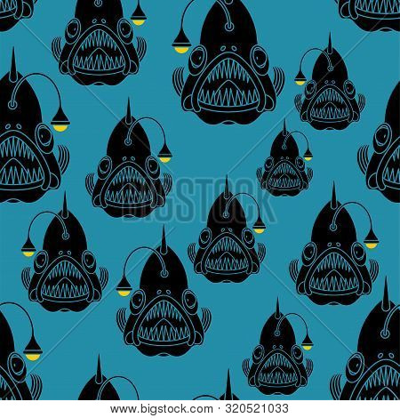 Angler Background. Deep Sea Fish Pattern Seamless. Vector Texture