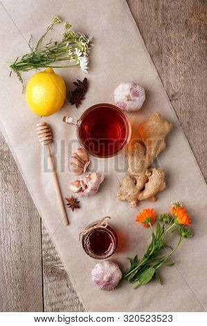Fresh Herbs And Flowers Chamomile, Calendula, Honey, Ginger Root And Herbal Tea. Herbal Alternative 