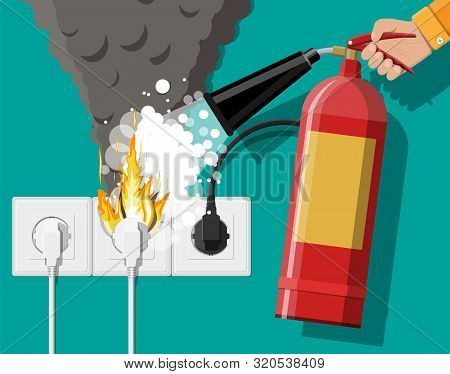 Electrical Outlet With Plug On Fire And Fire Extinguisher In Hand With Foam. Overload Of Network. Sh