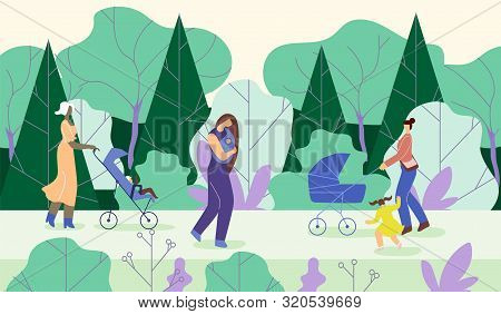 Mothers Go With Children In Park, Cartoon Flat. Young Women Carry Babies In Wheelchairs, Walking Amo