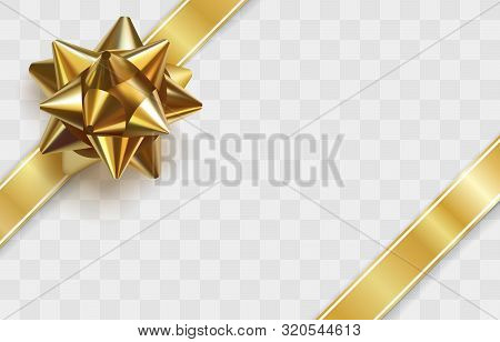 Glossy Golden Bow. Realistic Vector Illustration. Glowing Bow With Two Gold Ribbons Isolated On Tran