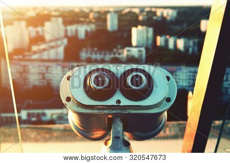 Binoscope - Binocular Telescope - Aimed At The City In A Beautiful Sunset Light. Summer, Minsk, Bela