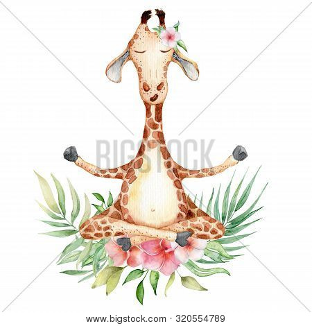 Cute Watercolor Geraffe With Tropical Flowers In Yoga Position Hand Drawn Illustration