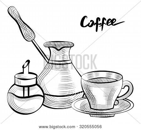 Coffee Making Ingredients And Tools Vector, Isolated Cezve And Sugar Container, Cup With Plate. Turk