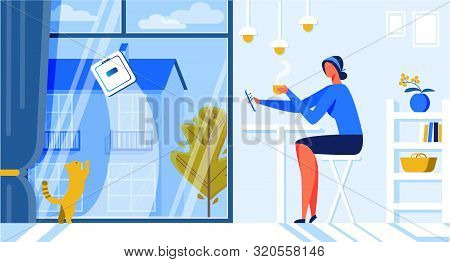 Help For Woman Robot Window Cleaner Cartoon Flat. Interior Kitchen Or Dining Room Apartment Where Ca