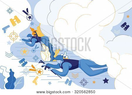 Soldiers Lying On Ground In Iniform And Helmet Holding Gun Or Fifle Flat Cartoon Vector Illustration