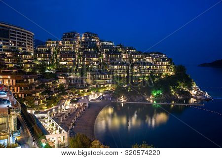 Budva, Montenegro - June 11.2019. Dukley Hotel And Resort In The Night