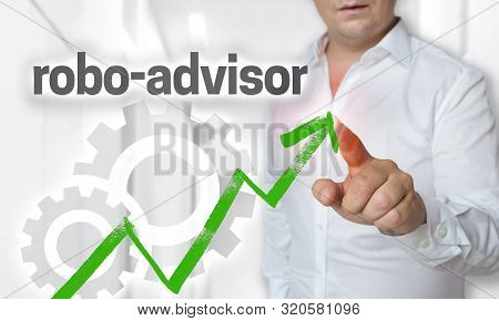 Robo-advisor Touchscreen Concept Is Operated By Man.