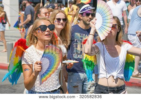 The Annual Parade Lgbt. Gay And Lesbians Walking In The Gay Pride Parade. Parade Of Tolerance. Rainb