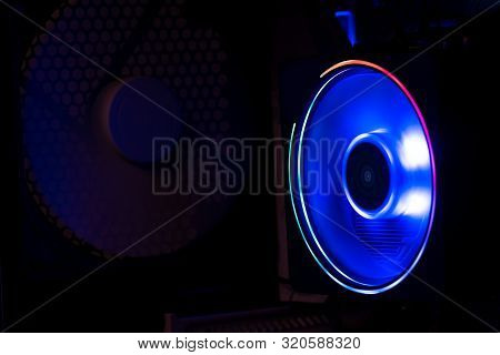 Cooler Of Processor With Neon Light. Led Light, Cpu Cooler. Computer Circuit Board And Cpu Cooling F