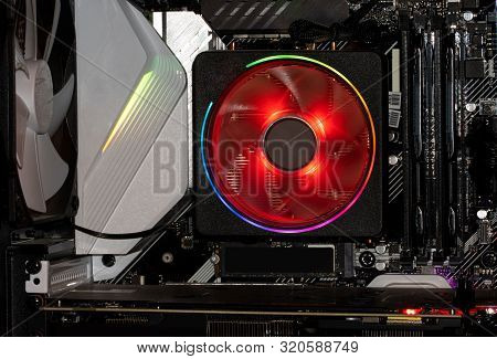 Cooler Of Processor With Neon Light. Led Light, Cpu Cooler. Computer Circuit Board And Cpu Cooling F