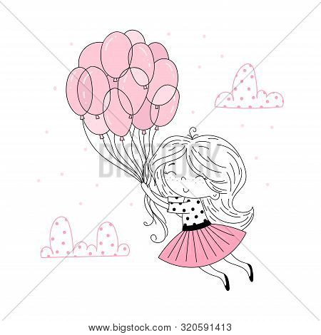 Cute Little Girl In Pink Flying Away In The Sky With Her Pink Umbrella. Vector Funny Doodle Illustra
