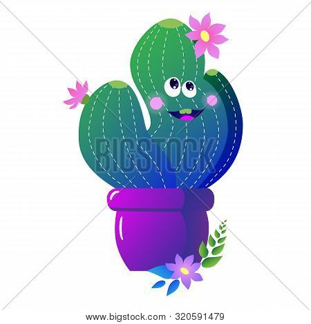 Little Cute Cactus Who Is Happy To See A Flower. Cartoon Cactus Vector Illustration.