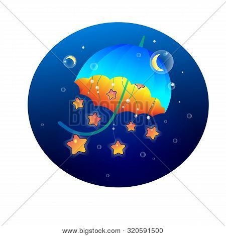 Abstract Glowing Umbrella With Shining Stars Hanging From It. Cartoon Umbrella With Stars On Dark Gr