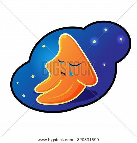 Little Cute Star Cries In Space. Vector Cartoon Illustration Of A Crying Star.