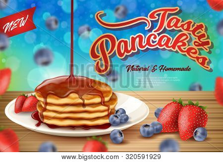Label Inscription New Fasty Pancakes Realistic. Natural And Homemade. Chocolate Is Poured On Top Woo