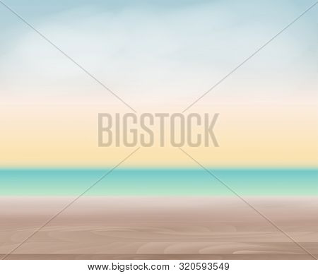 Wood Table Top On Abstract Blur Natural Sea Background For Displ
