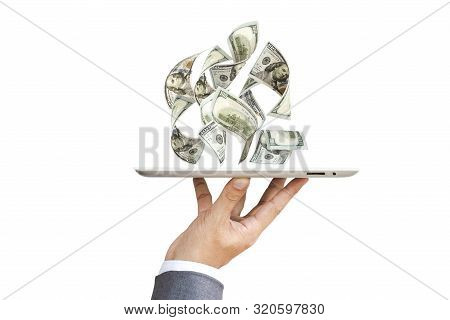 Businessman Hold Up Tablet For Paying And Get Dollar Money From E-payment Business And Online Shoppi