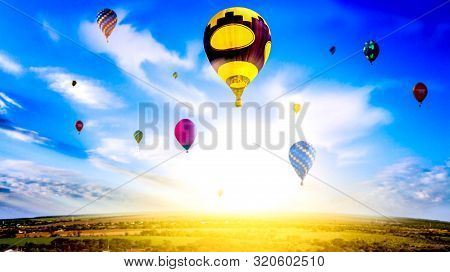 Hot Air Balloon Ride . Romance Of The Flight . Hot Air Balloon Ride . Hot Air Balloons Flies In Blue