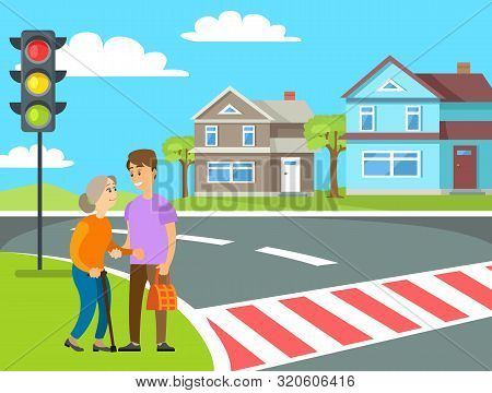 Man Helping Grandma Crossing Road By Zebra, Volunteering To Old Woman, Pedestrians Near Traffic Ligh