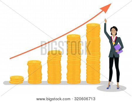 Business Woman With Purple Folder And Golden Medal On Chest Holding Her Hand Up In Front Of Growing 