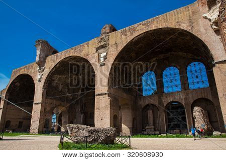 Rome, Italy - April, 2018: The Basilica Of Maxentius And Constantine In The Roman Forum In Rome
