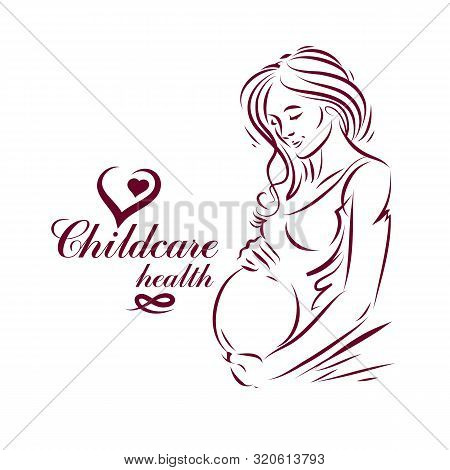 Vector Hand-drawn Illustration Of Pregnant Elegant Woman Expecting Baby, Sketch. Maternity Ward Mark