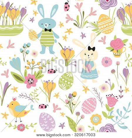 Seamless Pattern Happy Easter Hand Drawn Cute Vector Illustration With Bunny Rabbit Eggs Spring Flow