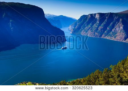Aurlandsfjord Fjord Landscape, Norway Scandinavia. National Tourist Route Aurlandsfjelle