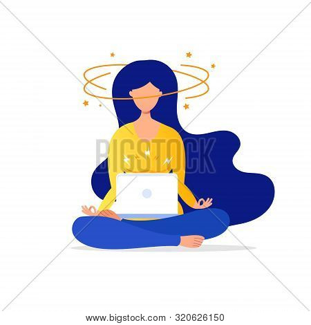 Brainstorming Concept With Woman In Lotus Works At The Computer. Stressful Situation. Idea Generatio