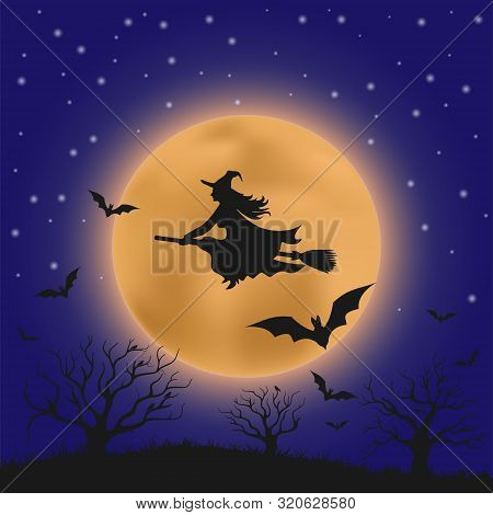 Halloween. Silhouette Of A Witch On A Broom Against The Full Moon