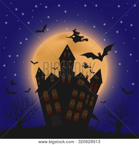 Halloween. The Dark Silhouette Of The House On The Harvest Moon.