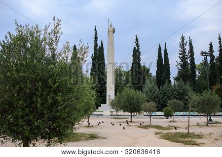 Athens, Greece - October 23, 2018: The Iconic Statue Of Athina In Field Of Ares, Athens Historic Cen