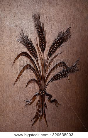 Bouquet Of Wheet, Carving On Wooden Plank, Decor In Some Greek Church In Athens, Greece