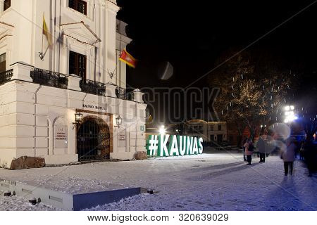 Kaunas, Lithuania - December 16, 2018: Kaunas City Hall At Night. Kaunas City Hall Now Houses Kaunas