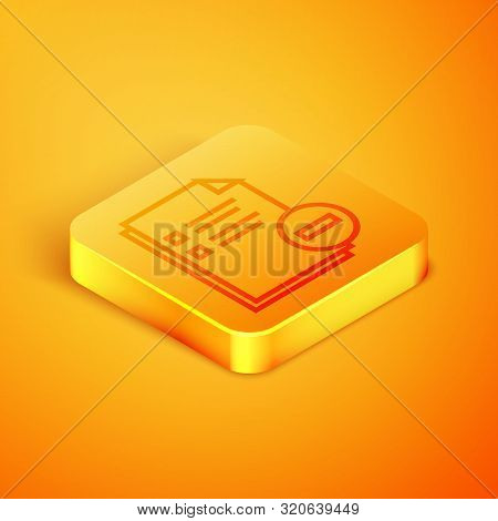 Isometric Line Document With Minus Icon Isolated On Orange Background. Clear Document. Remove File D