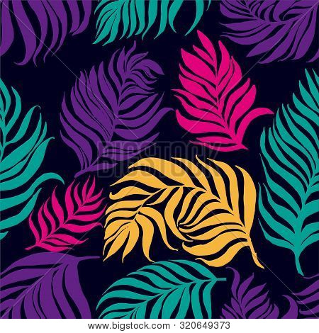 Seamless Colorfull Pattern With Palm Dypsis Leaves On Dark Blue Background. Seamless Summer Colorful