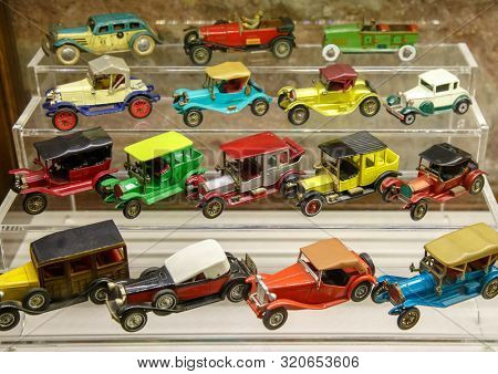 Istanbul, Turkey, 23 March 2019: Collections of various car miniature model at same scale. Some of them are scarce and the models become collectors. Rahmi M. Koc Industrial Museum