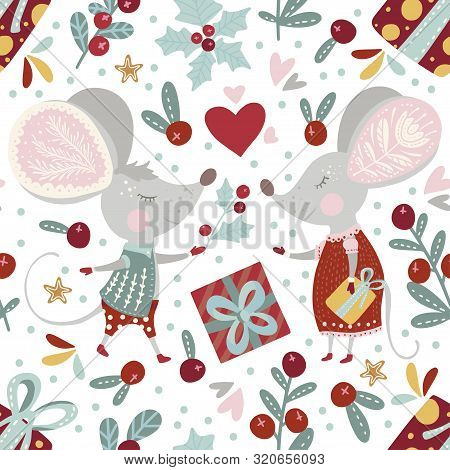 Seamless Vector Pattern With Cute Cartoon Mice In Scandinavian Style. Flat Rat Mouce Couple In Love.