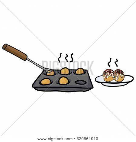 Cute Takoyaki Cooking Vector. Hand Drawn Octopus Ball Making Clipart.