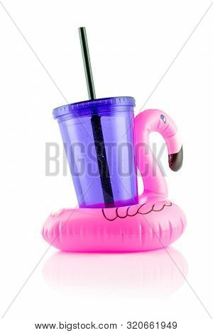 Inflatable Pool Toy Flamingo Isolated On White Background. Rubbe