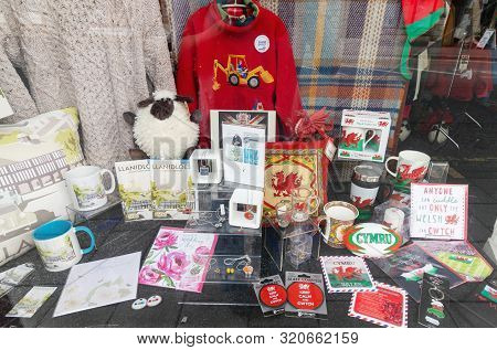 Llanidloes, Wales / Uk - July 26th 2019 - Welsh Gift Shop Window Of Curig Crafts And Woollens In Lla
