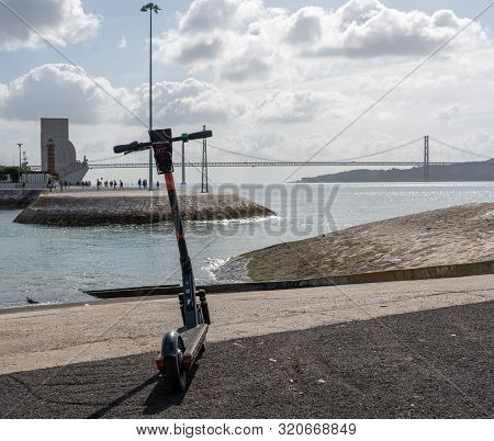 Lisbon, Portugal - 9 August 2019 - Abandoned Circ E-scooter Waiting For Rental By Tower Of Belem