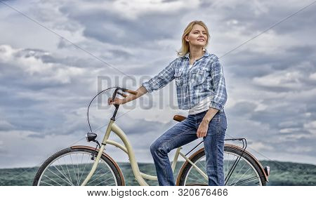 Active Leisure And Healthy Activity. Girl Ride Cruiser Model Bicycle. Healthiest Most Environmentall